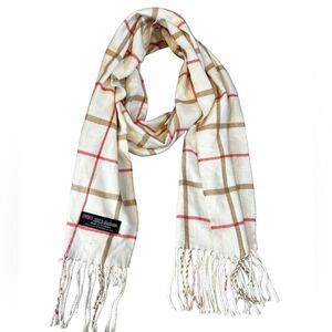 100% cashmere white scarf with red and tan plaid made in Scotland